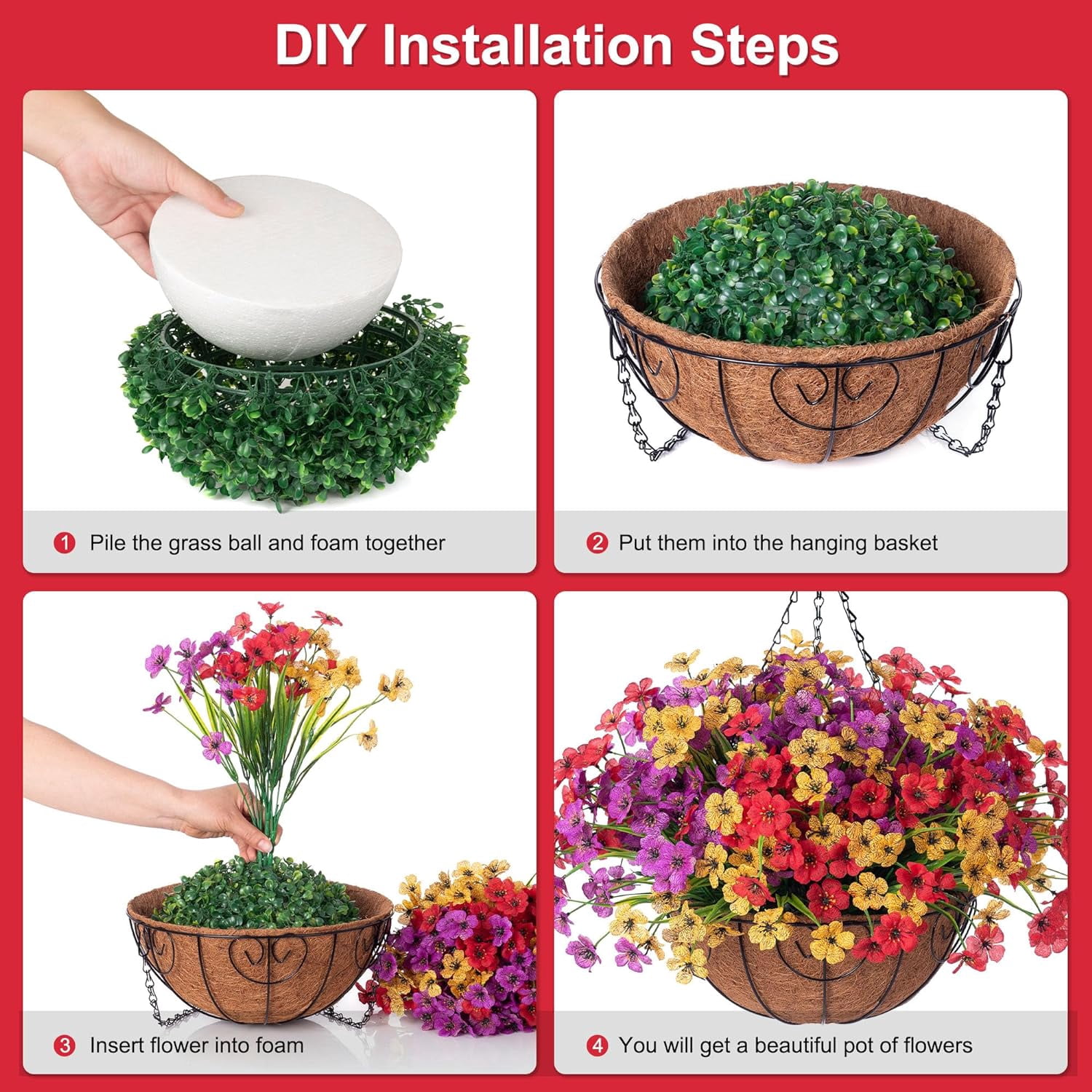 Artificial Faux Hanging Plants Flowers Basket for Spring Summer Outdoor Porch Decor, Fake Silk Colorful Daisy Eucalyptus in Planter UV Resistant Look Real Patio Balcony Yard(Red Purple Yellow)