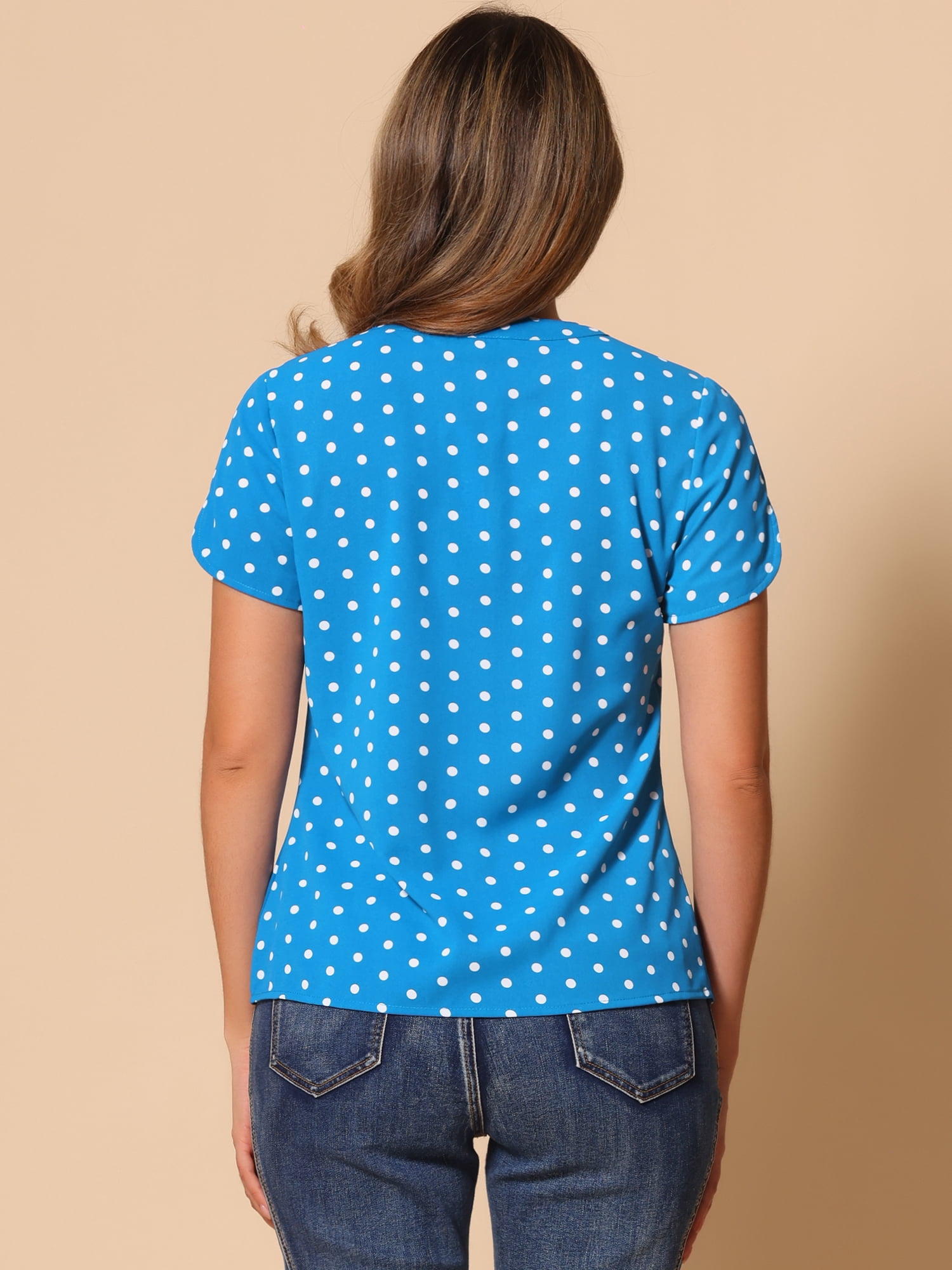 DARING DIVA V Neck Dots Printed Work Office Blouse Top M Sky Blue