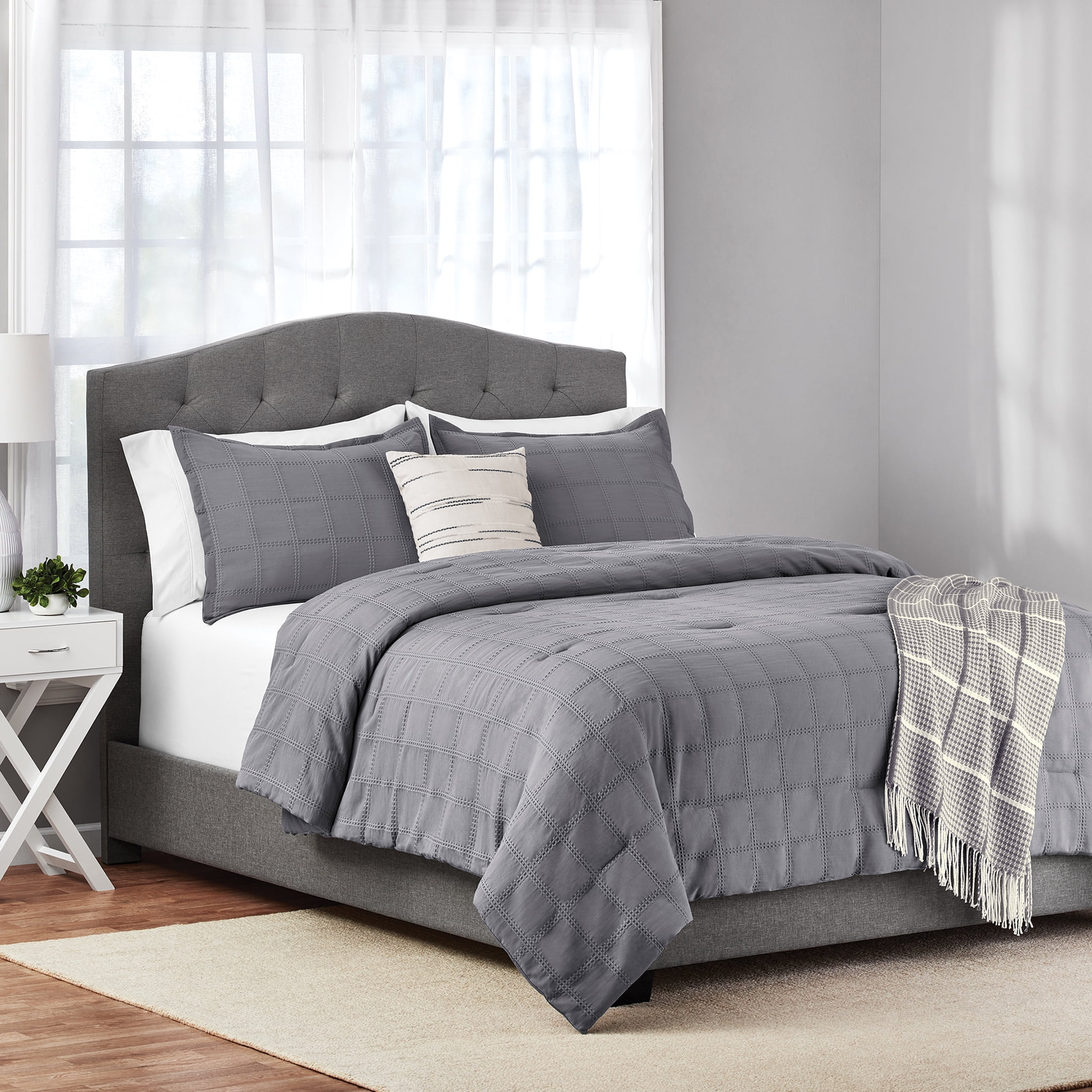 Mainstays Full/Queen Comforter Set, All-Season, 5-Piece, Grey Waffle Check