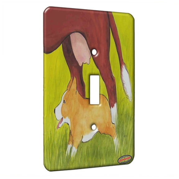 KuzmarK™ Single Gang Toggle Switch Wall Plate - Welsh Corgi Happily Herding a Hereford Heifer Dog Art by Denise Every