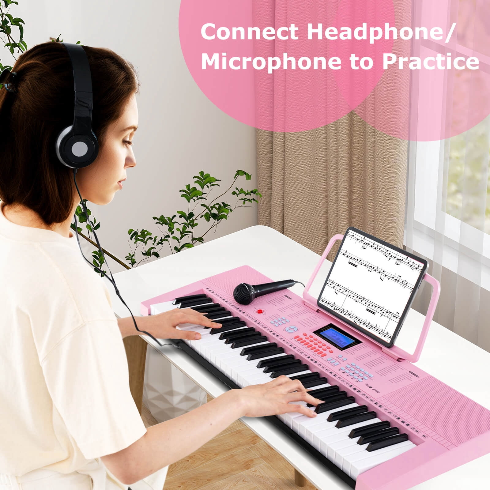 Costway 61-Key Electronic Keyboard Piano with 350 Rhythms 350 Timbres 50 Demo Songs Pink