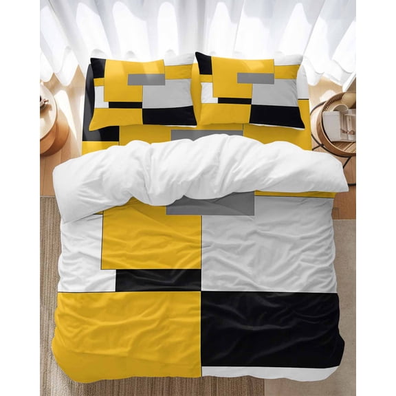 Yellow Black Patchwork Bedding Duvet Cover Set Twin Size 4 Pieces Abstract Geometric Art Bedding Set with Zipper Closure, 1 Comforter Cover 68x86 Inches 1 Flat Sheet & 2 Pillow Cases