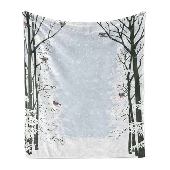 Winter Soft Flannel Fleece Throw Blanket, Trees and Bullfinch Birds Snow Covered Nature with Leafless Branches, Cozy Plush for Indoor and Outdoor Use, 50" x 60", Black Pale Grey White, by Ambesonne
