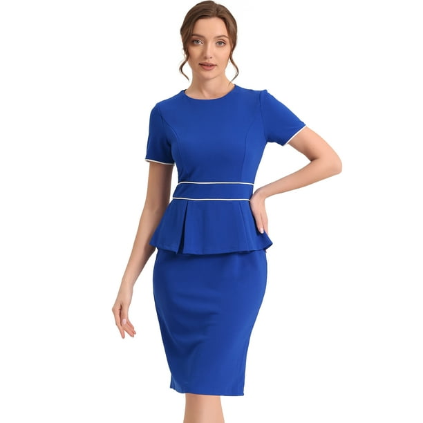 Vestido ajustado Allegra K de manga corta con ribete en contraste y cuello redondo Azul Real XS