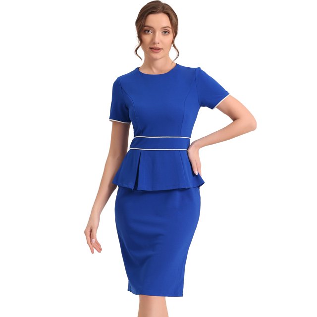 Vestido ajustado Allegra K de manga corta con ribete en contraste y cuello redondo Azul Real XS