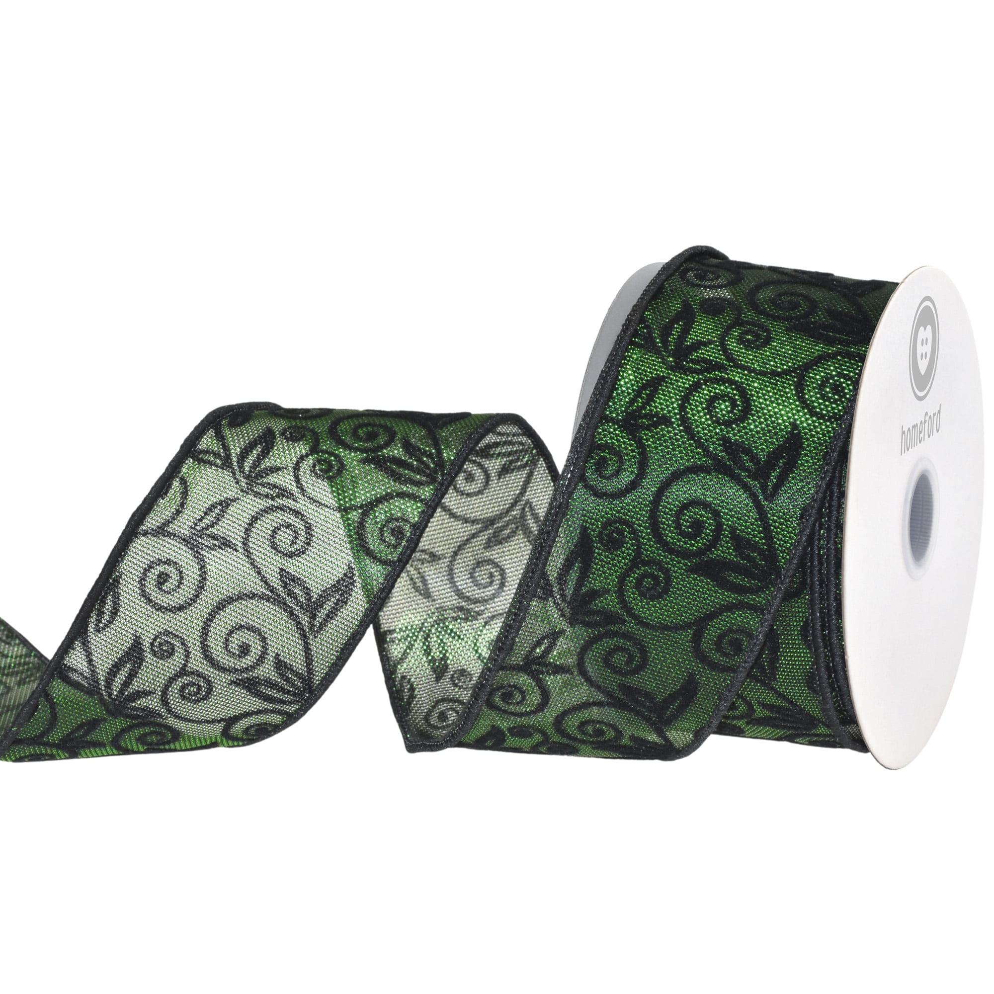 HOMEFORD Flocked Swirls Metallic Honeycomb Wired Ribbon, 2-1/2-inch, 10-yard, Moss