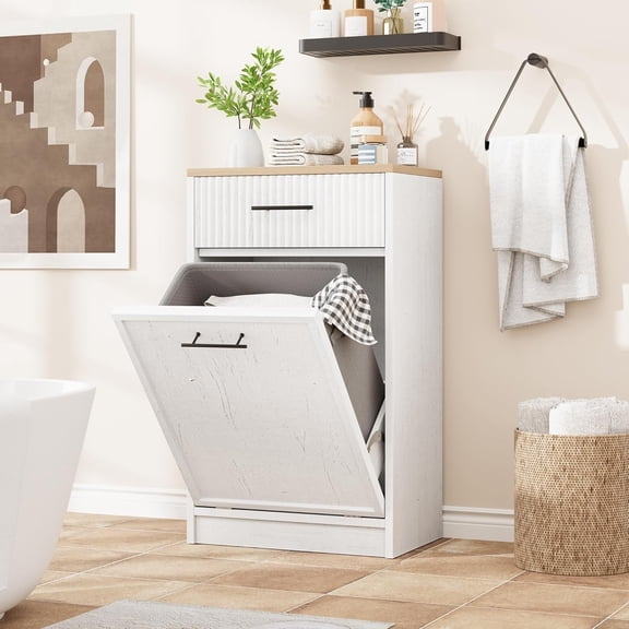2025 New Fluted Tilt Out Trash Can Cabinet - 10 Gal Hidden Garbage Can Cabinet, Pet-Proof, Wooden White Trash Can for Kitchen Dining Living Room