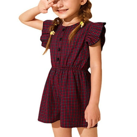 

Listenwind SDD Toddler Girls Retro Red Plaid Ruffles Short Sleeve Round Neck Button Dress