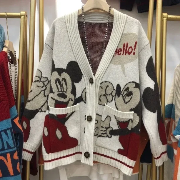 Cárdigan de punto de Disney, suéteres japoneses de dibujos animados de Donald para mujer, abrigo femenino de otoño e invierno, Tops Kawaii gruesos y salvajes sueltos