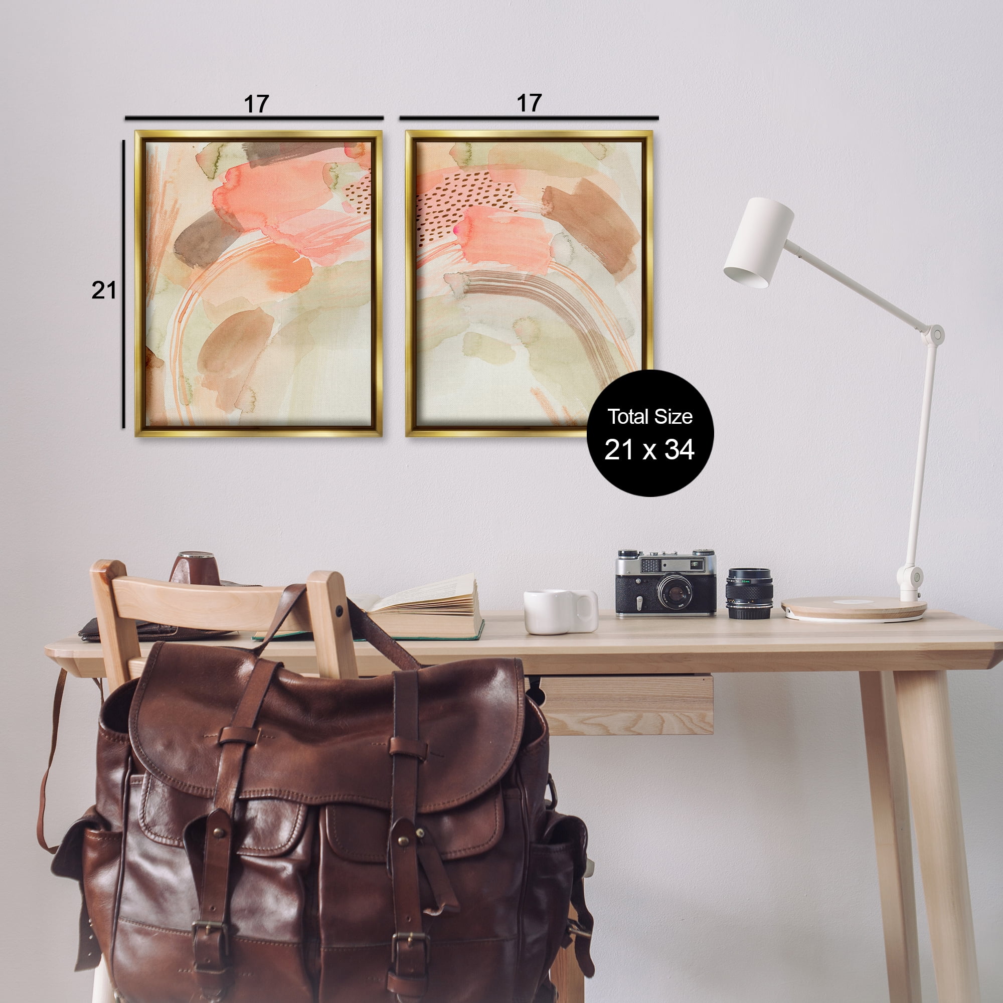 Stupell Industries Pink Peach Abstract Watercolor Abstract Painting Gold Floater Framed Canvas Art Print Wall Art, 17 x 21, Set of 2