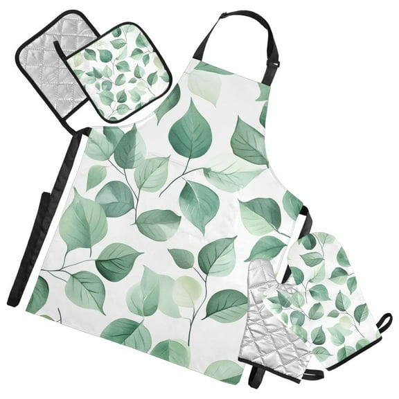 Green Leaves on White Background Oven Mitts and Pot Holders with Chef Apron Set 5 Pcs Kitchen Cooking Set