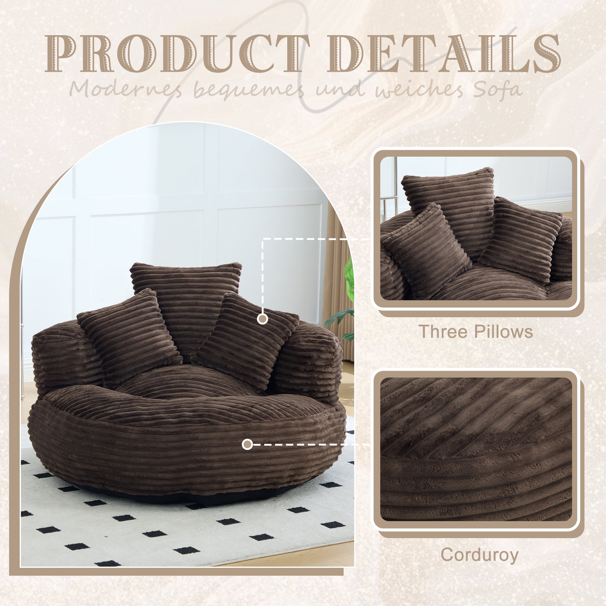 Aukfa 42.5"W Oversized Round Chaise Lounge Chair Indoor, Corduroy Floor Sofa with 3 Pillows, 550 lbs, Coffee