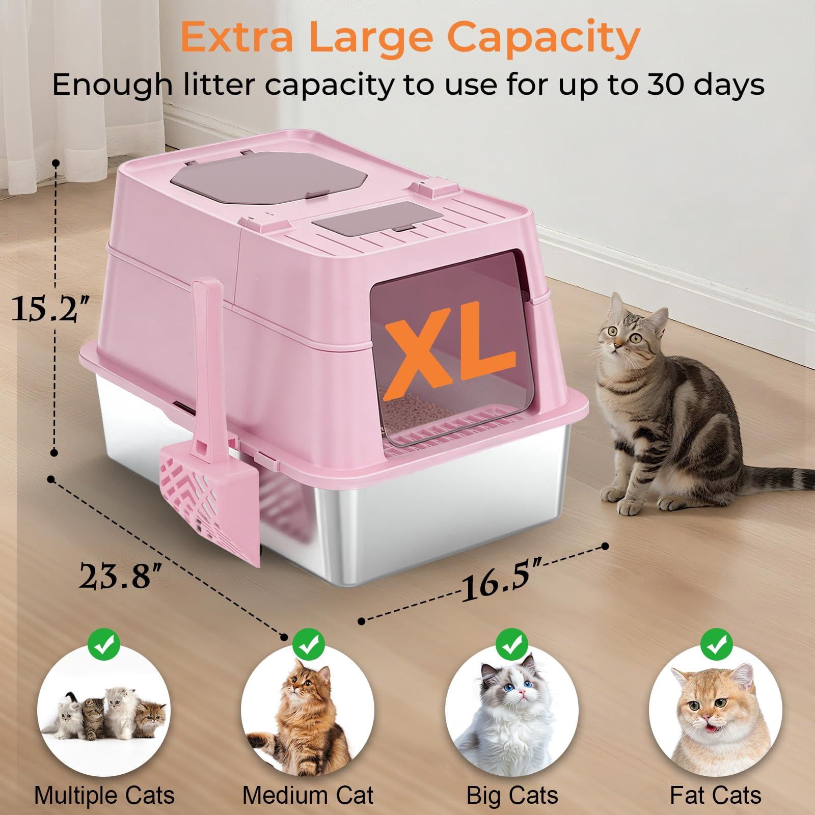 Stainless Steel Cat Litter Box With Lid Extra Large Enclosed Non-sticky Metal Pan High Sided & Scoop  Odor Free Front Top Entry Anti-leakage Easy Cleaning
