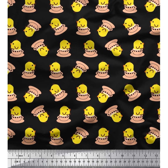 Soimoi polyester Crepe Fabric Cup,Plate & Chick Cartoon Print Fabric by the Yard 42 Inch Wide