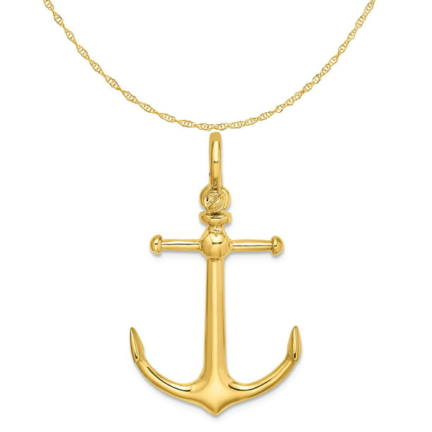 Carat in Karats 14K Yellow Gold 3-D Anchor With Shackle Bail Pendant Charm  (34.6mm x 20.2mm) With 14K Yellow Gold Lightweight Rope Chain Necklace 18''