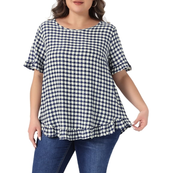 DARING DIVA Women's Plus Gingham 1950s Plaid Round Neck Tops 1X Navy Blue
