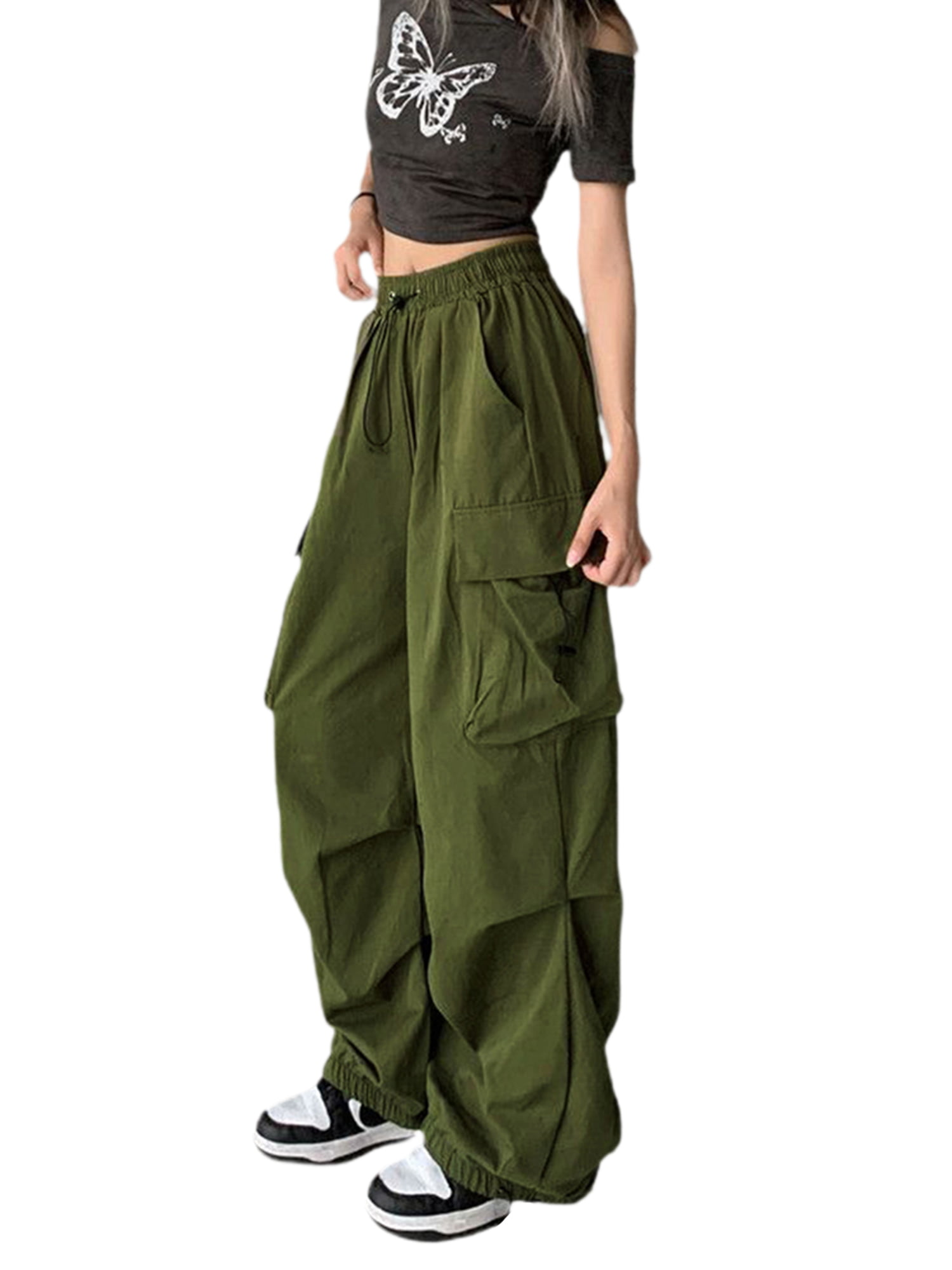 Sunisery Baggy Cargo Pants for Women Y2K Aesthetic Drawstring Loose Pocket  Jogger Teen Girls Wide Leg Trousers Hippie Punk Streetwear 