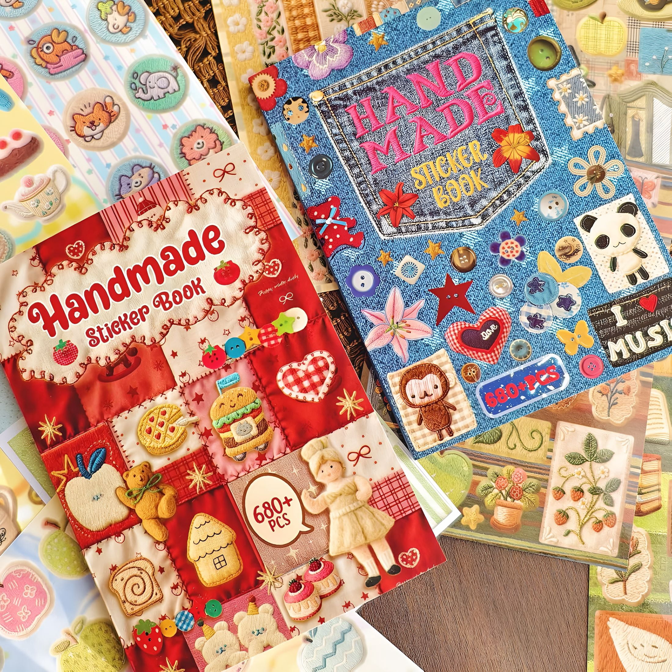 CCOCC 2 in 1 Japanese Sticker Book Combo Set with Red and Blue Patterned Die Cut Stickers 60 Sheets for Journaling