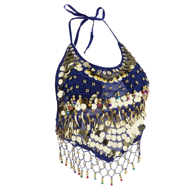 Trajes de Danza Del Vientre Halter Top Lentejuela Trajes de Rendimiento - Azul Los 26.5x40cm Sunnimix Top sin mangas para danza del vientre para mujer