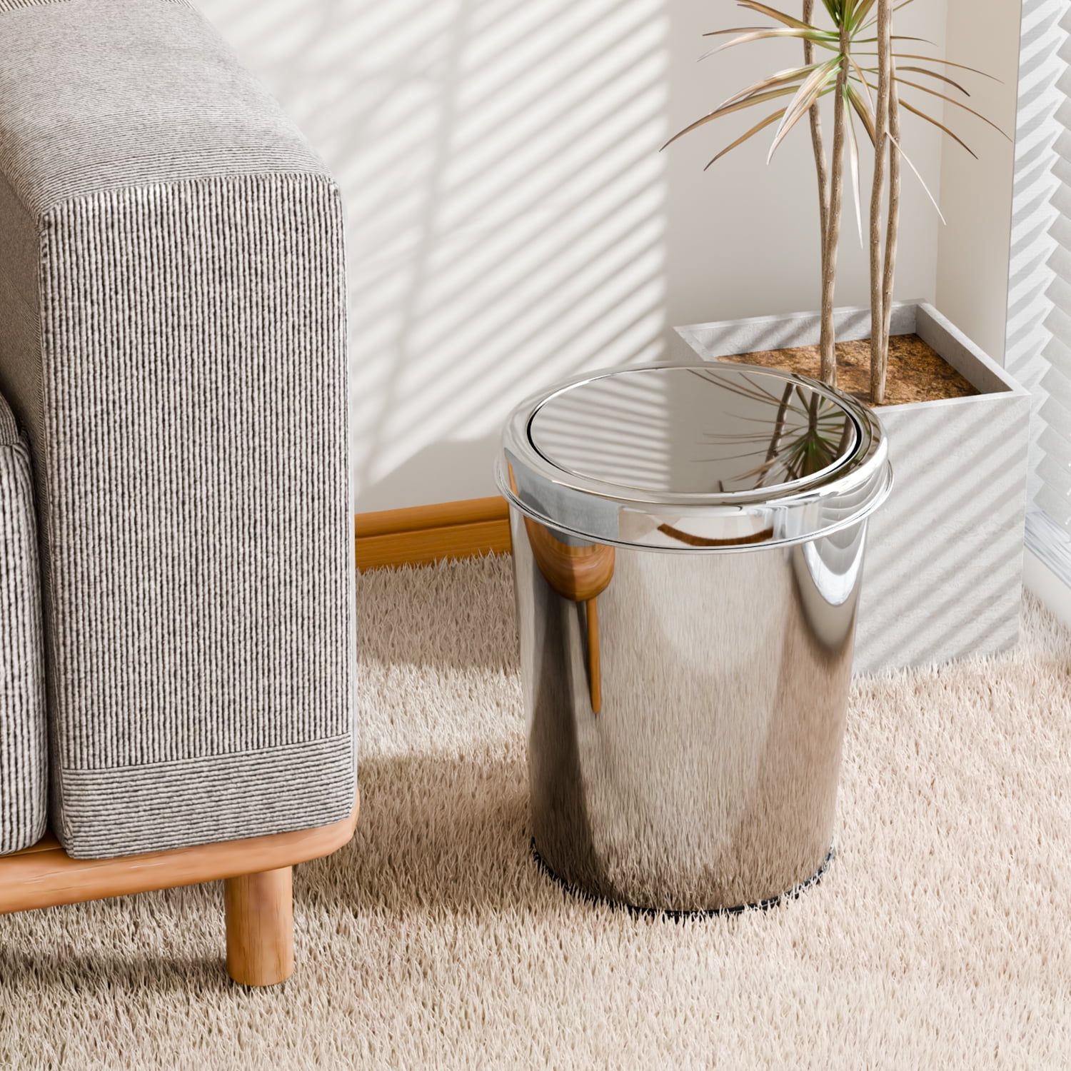 TINANA Small Trash Can with Swing Lid, 1.7 Gallons/6.5 Liters, 2 Pack Stainless Steel Wastebasket with Lid, Cylindrical Garbage Can for Bathroom, Kitchen, and Office, Silver