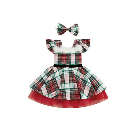 

Gwiyeopda Toddler Baby Girls Christmas Dress Set Plaid Fly Sleeve Layered Dress with Belt+ Bowknot Headband