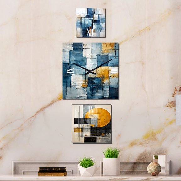 Designart "Cubism Shapes in Cerulean" Abstract Shapes Oversized Wall Clock - Set Of 3 - Multipanel Contemporary Clock For Living Room Décor - Large Vertical Clock