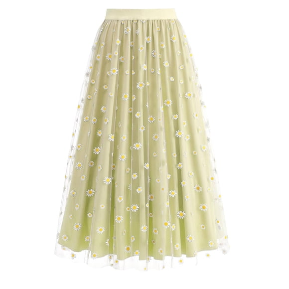 Dresses for Women Women's Long Skirt Flower Embroidery Solid Color High Waist Mesh Midi Skirt on Clearance Yellow L