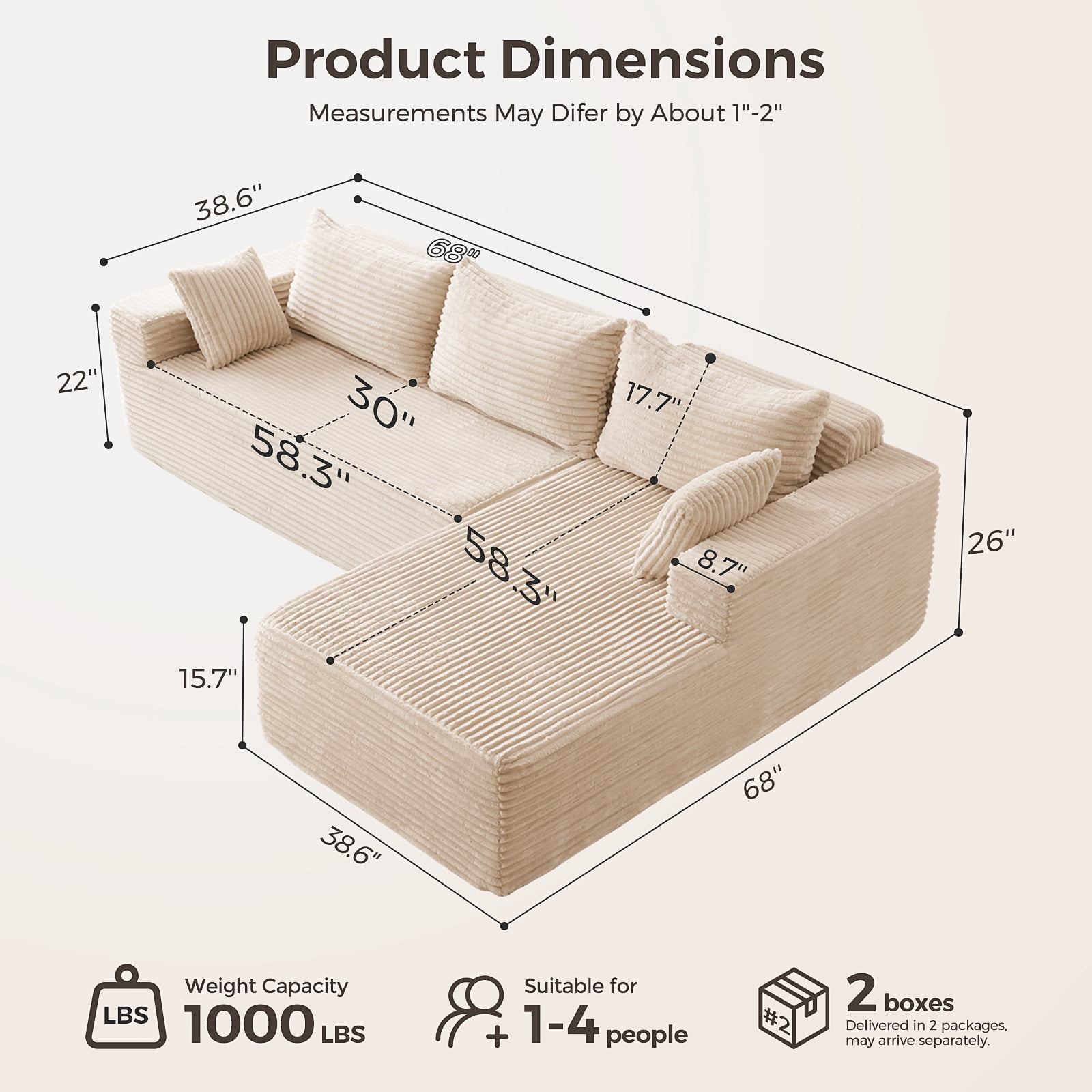 106” Sectional Couch with Chaise, Cloud Boneless Couches Flannel Plush with Deep Seat, L-Shaped Compressed Modular Sofa with Cushions for Living Room, Small Space, Beige