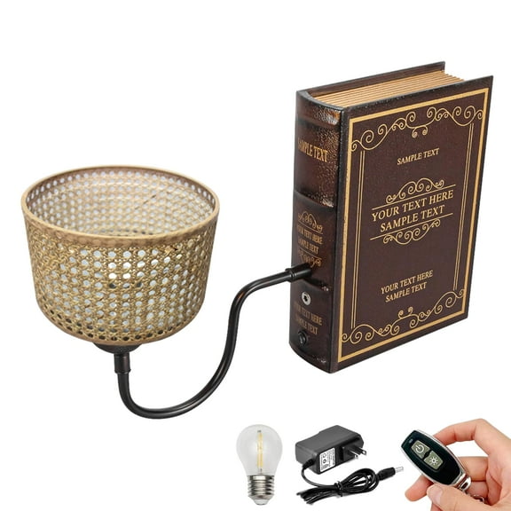 Kiven Cordless Bookshelf Lamp, 1-Light Rechargeable Bookcase Lighting with Rattan Lampshade, Farmhouse Decorative Bookend, Cordless Table Lamp for Bedside Bookshelf Office Home Decor-DZ0315