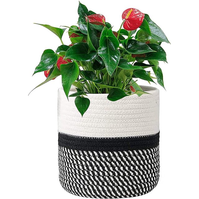 Cesta de cuerda de algodón tejido, cesta de almacenamiento redonda trenzada, cesta de planta de cuerda de algodón, 25 cm, cesta de ropa sucia, cesta de juguetes, cesta multifuncional, blanco y negro. JFHHH pequeña