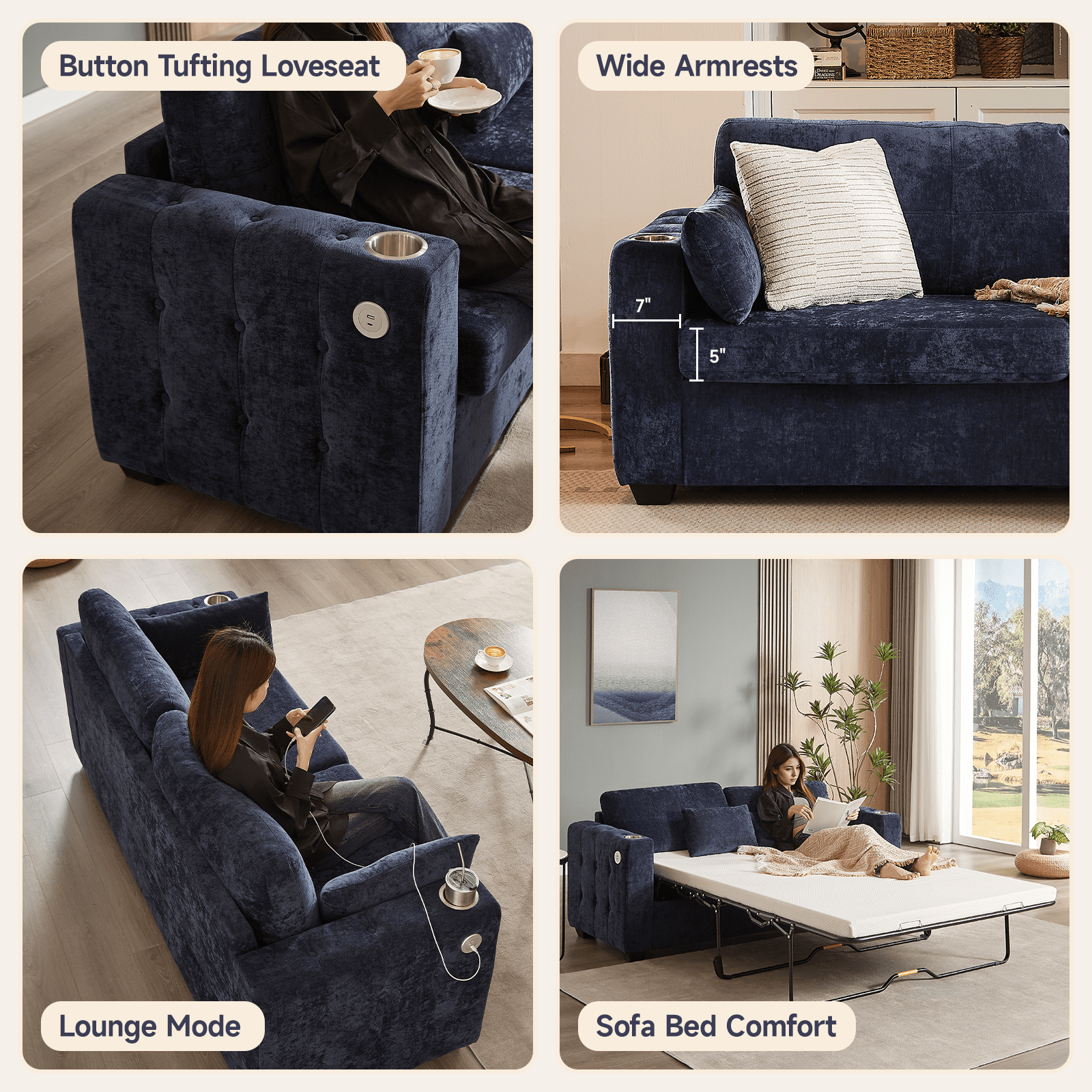 Onbrill Mid-Century Modern Chenille Sofa Bed with Full Size Memory Foam Mattress, USB Charging and Space-Saving Design, Blue