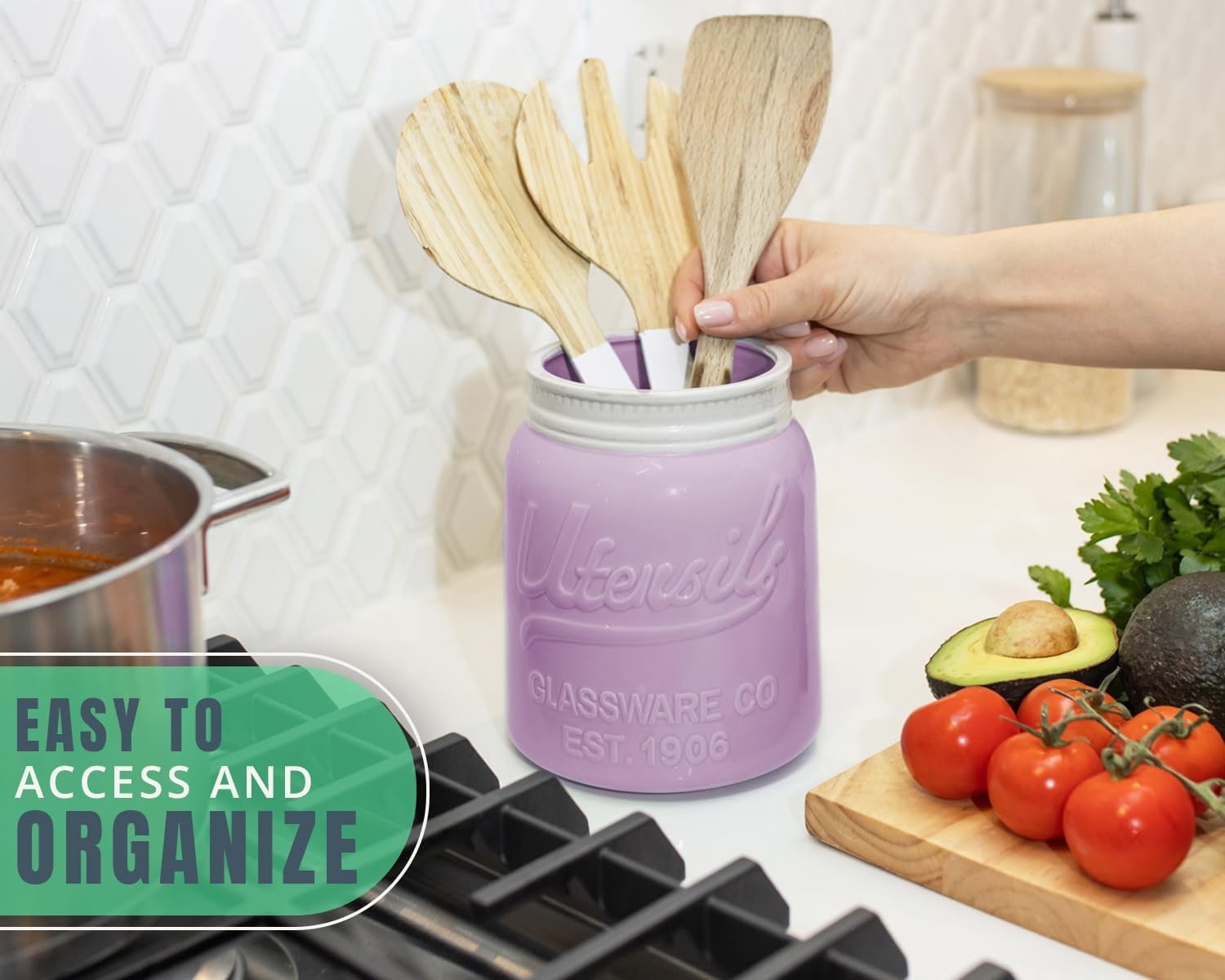 Comfify Ceramic Mason Jar Utensil Holder for Countertop Kitchen Use, Purple