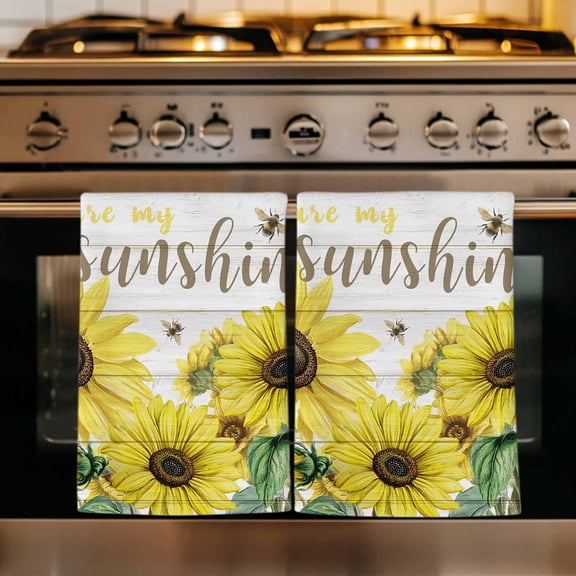 Sunflowers Kitchen Towels Set of 4, Country Spring Botanical Flowers Bee Wooden Absorbent Dish Towels for Kitchen, Microfiber Hand Towel, Quick Drying Tea Towel for Cleaning Decorative Dishcloths