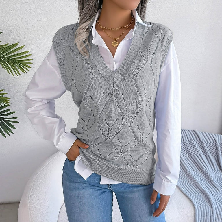 Clearance Sweater Vest Women Loose V Neck Sleeveless Sweaters Womens Cable Knit Tops Casual Soild Color Sweater Pullover Top