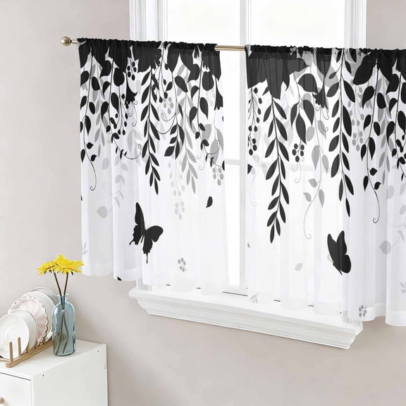 Black Spring Botanical Sheer Curtains 45 Inch Length 2 Panels Set, Weeping Eucalyptus Butterfly Voile Window Treatment Rod Pocket Small Kitchen Curtains Drapes for Bedroom 52"x45"x2