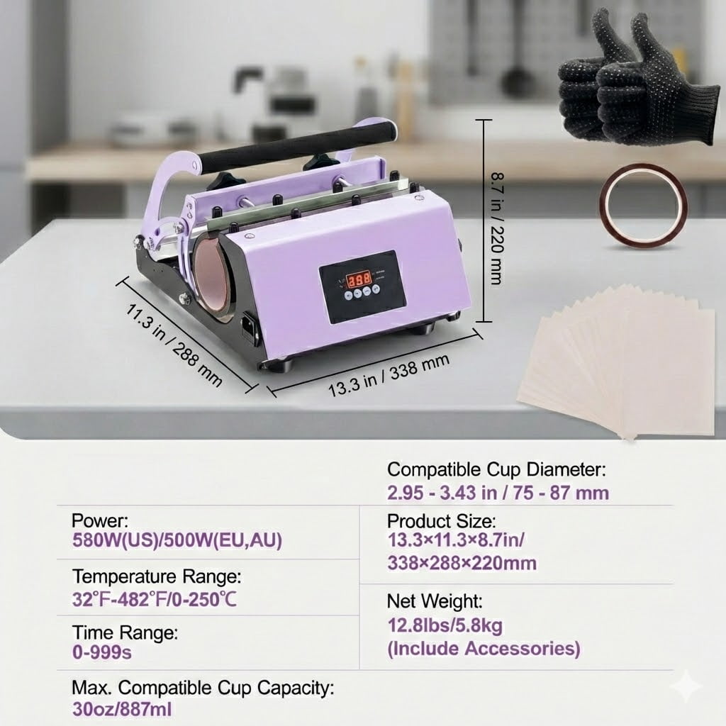 Tumbler Heat Press Machine, 11-30oz Mug Press,Temp and Time Setting,with Sublimation Paper, Tape and Gloves