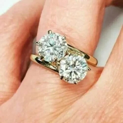 2Ct Two Round Cut Lab-Created Diamond Engagement Ring 14k Yellow Gold Plated