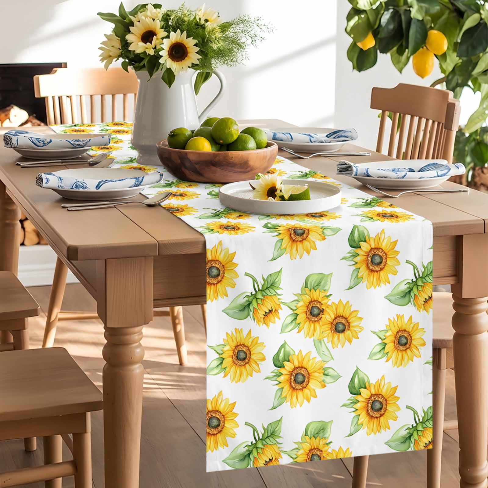 Yellow Sunflower Farm Green Plant Table Runner 90 Inches Long, Summer Blossom Floral Table Runners Tabletop Scarf Kitchen Dining Tables Decoration for Home Party Indoor Outdoor