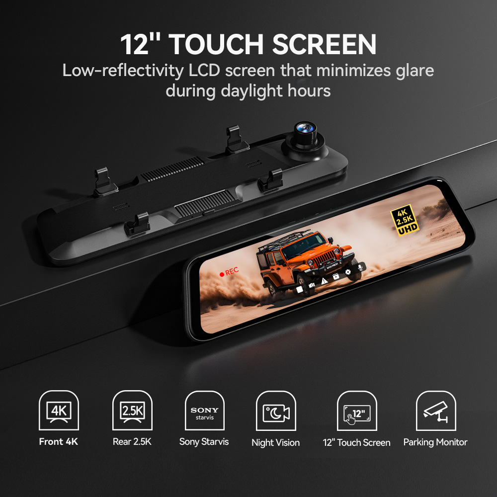 WOLFBOX G890 12" 3-Channel Touch Screen Rear View Mirror Dash Cam W/ 64GB Card