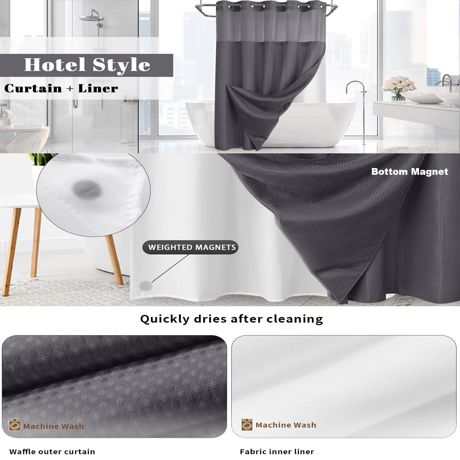 Waffle Weave Shower Curtain with Snap in Fabric Liner, No Hook Shower Curtain with Snap-in Liner, DawnJoanHD Dark Grey Heavyweight Fabric Shower Curtain with See Through Top Window, 72"X75"