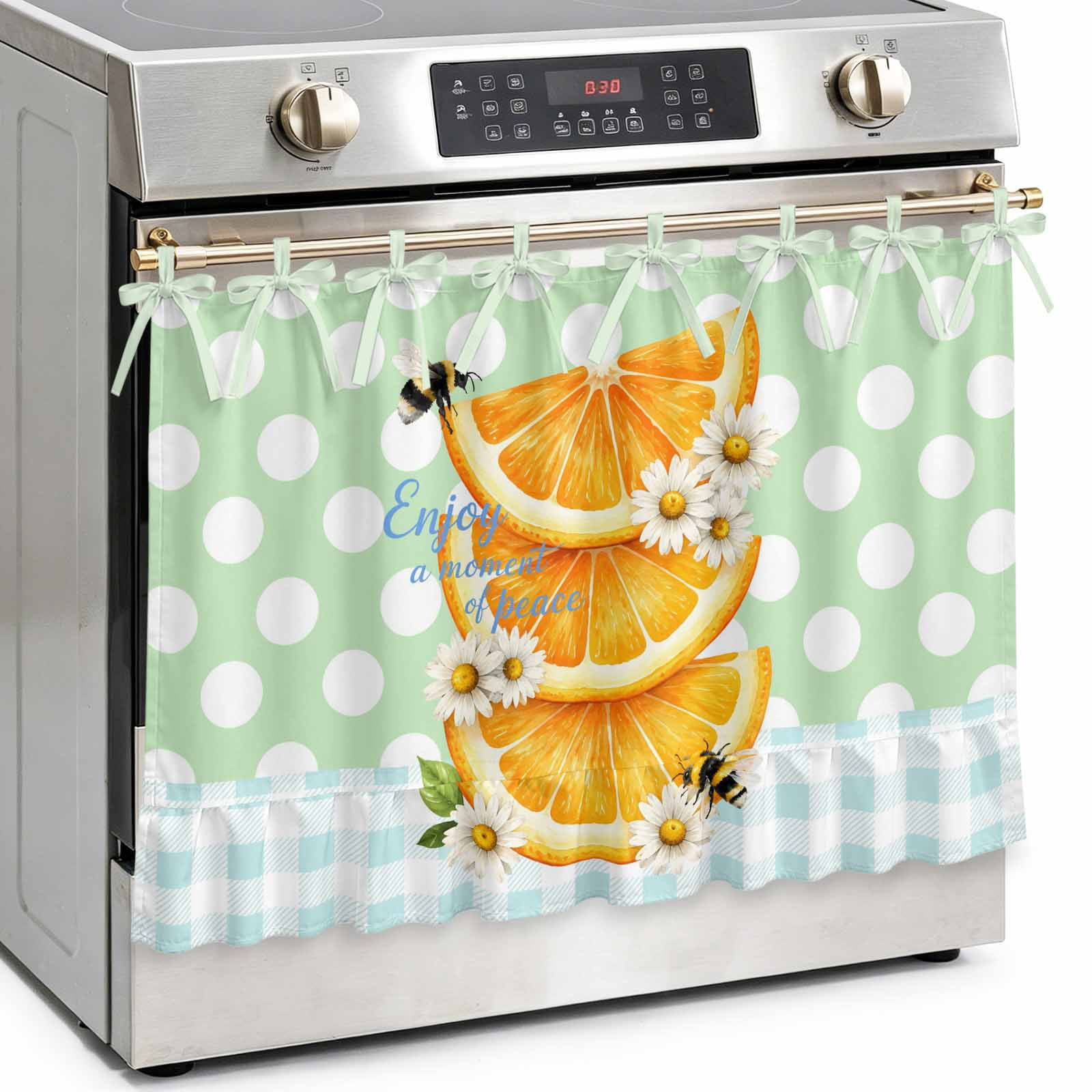 Orange Slices Daisy Oven Skirt Curtain Kitchen Stove Skirt Cover with Tie Top Bee Polka Dot Plaid Sunny Mint Green Decorative Cabinet Cover Dishwasher Curtain for Farmhouse Decor 30x21.5 Inch