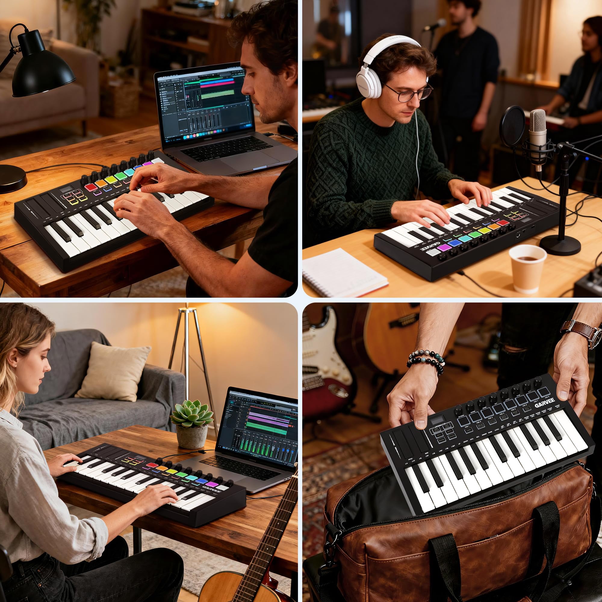25-Key USB MIDI Keyboard Controller with 8 Pads & Knobs - DAW Integration & OLED Display for Music Production