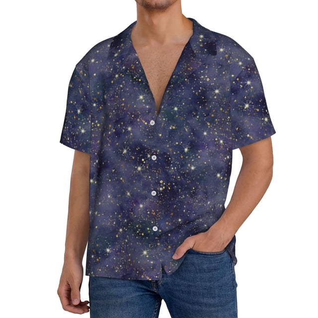 Fotbe Watercolor Indigo Camisa Estampada de Manga Corta para Hombre, Casual de Verano, Estilo Playero, Sin Arrugas-Small