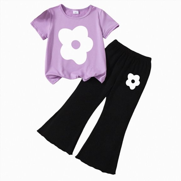 BOBOGOJP Tween Girls 2 Outfits Short Sleeve Cartoon Graphic T-Shirt & Flared Pants Kids Clothing Set Size 8-13