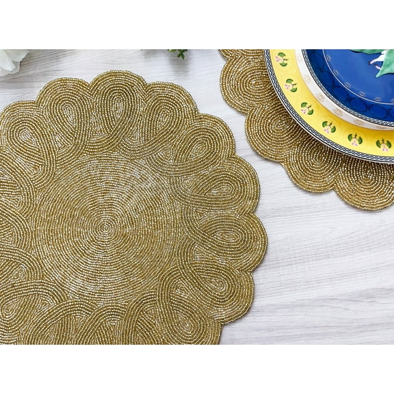 Set of 6, Handmade beaded placemat, tablemat, 14 inch, gold charger plate, gift for her