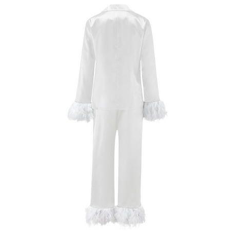 

Cathalem Real Silk Sleepwear Women Long Tops+Long Set 2 Sleeve Piece Sleepwear Camis Pants Women Suits Pajamas Women Two Piece Pajamas White Large