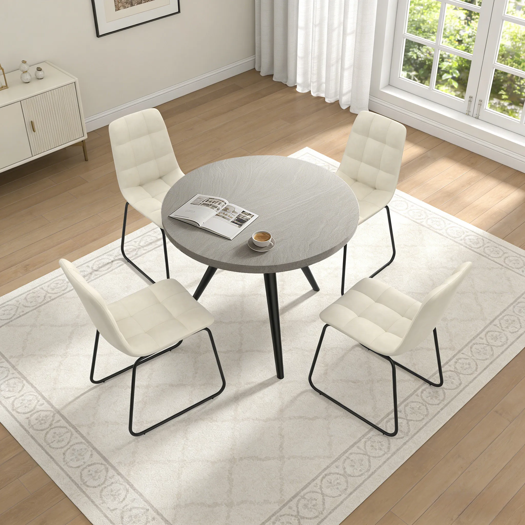 34.8" Round Dining Table Set for 4,5 Piece Mid-Century Modern Dining Set with 4 Upholstered Dining Chairs,Leisure Coffee Table for Kitchen Dining Room, Save Space