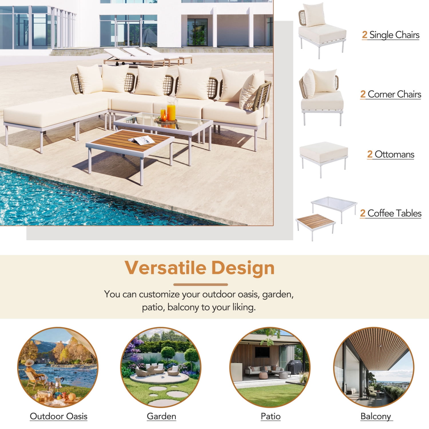 Harper & Bright Designs Outdoor Metal Conversation Furniture Set, 8 Pieces Patio L Shaped Sectional Sofa Set with Glass Coffee Table and Wooden Coffee Table for Garden Backyard and Poolside, Beige