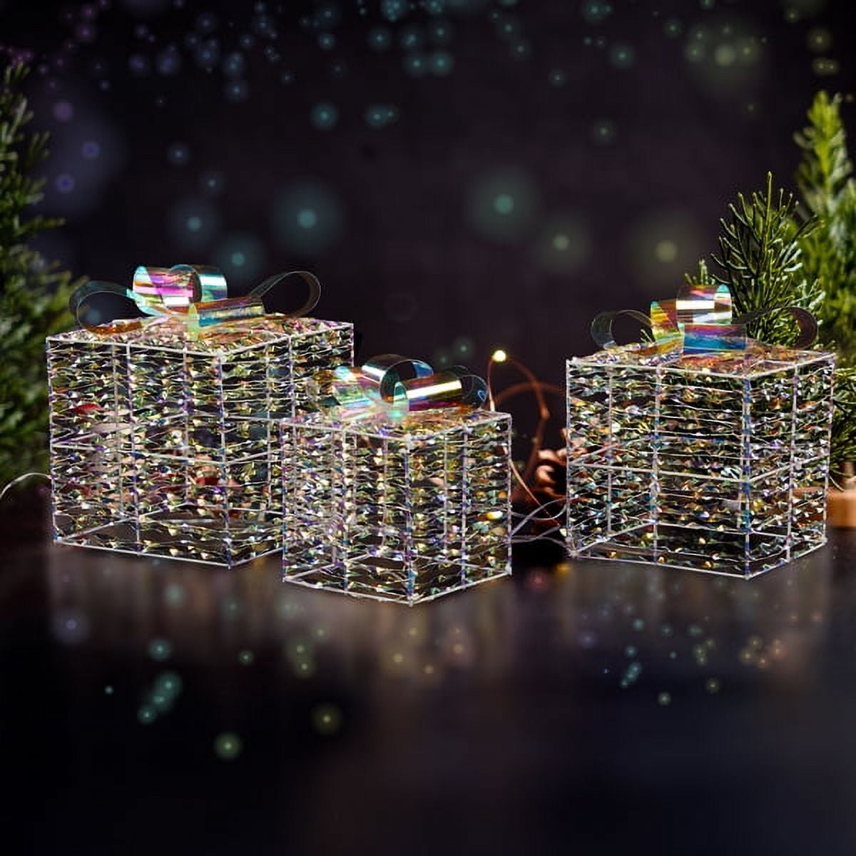 3-Piece Lighted Iridescent Gift Box Set - 140 Warm White LEDs, Weather-Resistant Metal Frame, Indoor/Outdoor Christmas Decor for Yard/Porch/Tree