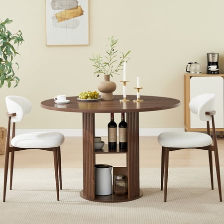 Round Dining Table Set 47.2 Inch Kitchen Table with 2 Upholstered Chairs and Storage Shelf Dining Room Furniture Set for 2-4 People Walnut